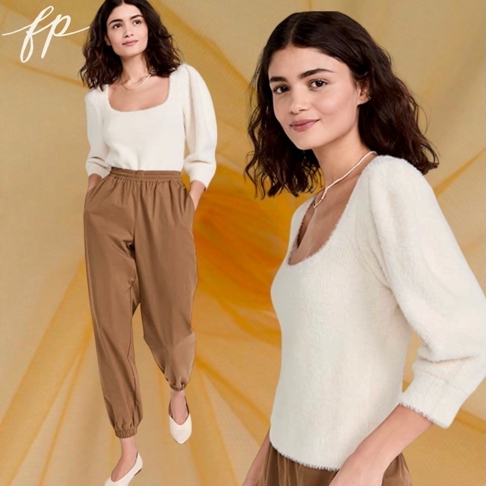 FREE PEOPLE NWT Moonbeam Fuzzy 3/4 Puff Sleeve Cropped Scoop Neck Sweater/Lg - Picture 9 of 16